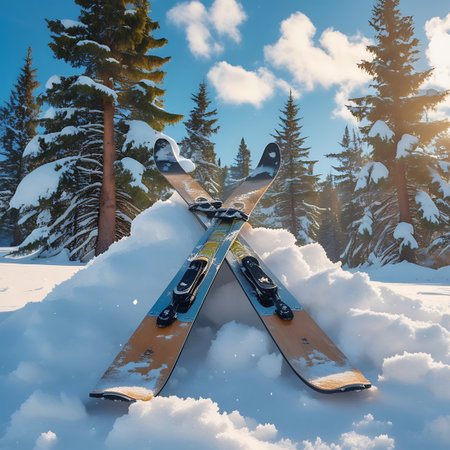 A pair of skis with black bindings and yellow and blue accents are crossed and stuck into a pile of snow. They are positioned in front of a dense forest of snow-covered pine trees. The sun is shining brightly, casting long shadows and illuminating the scene with a warm glow. The sky above is a clear blue with scattered white clouds.の素材