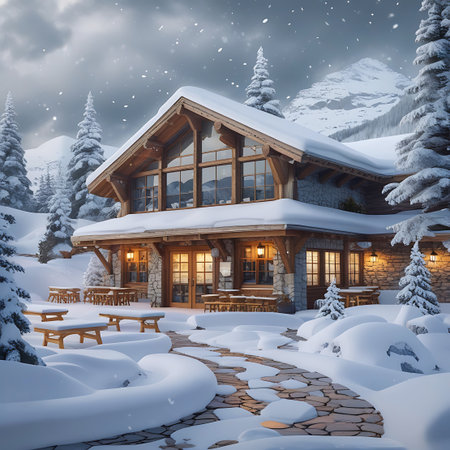A charming wooden and stone lodge is covered in a thick blanket of snow, nestled amongst snow-laden pine trees with majestic mountains in the background. A stone pathway winds through the snowy landscape, leading to outdoor seating areas with wooden tables and benches. Warm lights glow from the windows and under the eaves, creating an inviting atmosphere despite the cold winter weather and falling snow.の素材