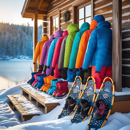 A row of colorful winter jackets and snow boots are neatly arranged on wooden steps outside a rustic log cabin. Snowshoes are propped up in front of the boots. The scene is set against a backdrop of a snow-covered landscape with a frozen lake and trees in the distance, suggesting a cold winter day perfect for outdoor activities.の素材