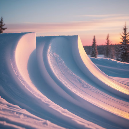 Two distinct, smooth, curving snow formations are prominently featured, bathed in the warm, soft light of a sunset. The sky above shows gentle gradients of pink, orange, and blue with scattered clouds. In the background, silhouetted pine trees stand against the horizon, creating a serene winter landscape.の素材