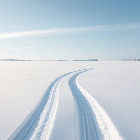 Two parallel ski tracks are visible, leading into the distance across a pristine white snowfield. The tracks are sharply defined, indicating recent use. The sky is a clear, pale blue with thin, elongated clouds. The horizon is a distinct line, emphasizing the vastness of the snowy expanse.の素材