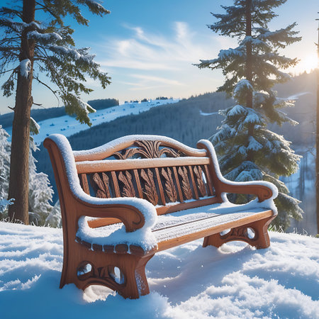 A detailed wooden bench, covered in a layer of snow, is set against a backdrop of a sunlit mountain ski resort. Skiers are visible on the slopes in the distance. Snow-laden pine trees frame the scene, and the warm sunlight creates a gentle glow on the snow and the bench's carvings. The sky is a clear, bright blue.の素材