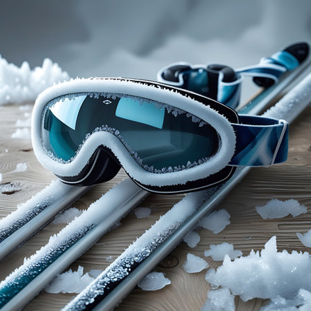 A pair of white-rimmed ski goggles, heavily frosted with ice crystals, sits on top of light blue skis. The skis and the wooden surface beneath are also covered in scattered snow and ice. The goggles' lenses reflect a bright, cool-toned scene.の素材
