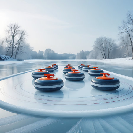 Multiple curling stones with orange handles are arranged in a line on a glistening ice surface. The stones are dark gray with blue and gray bands. The ice has faint red and blue circular markings. The background shows a winter scene with bare trees and a bright, overcast sky.の素材