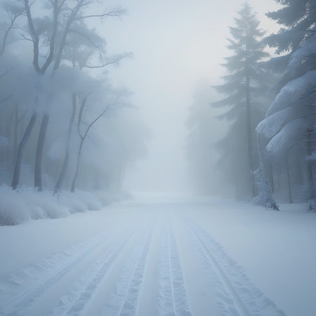 A thick fog obscures a winter forest, with a path marked by ski tracks stretching into the hazy distance. Snow-covered pine trees and bare deciduous trees with frosted branches flank the path. The ground is blanketed in deep snow, creating a serene and quiet winter scene. The cold, tranquil atmosphere is enhanced by the limited visibility.の素材