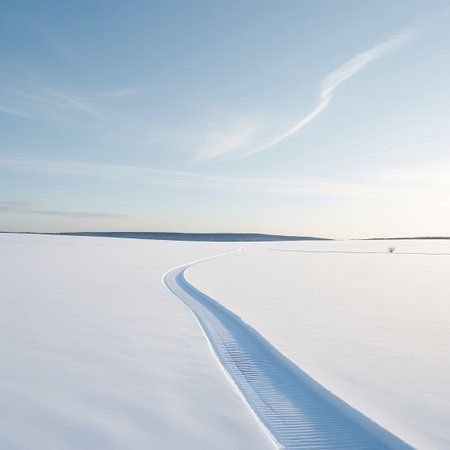A single, curved track, likely from a snowmobile, traverses a wide, flat expanse of snow. The track shows a ribbed texture from the vehicle's treads. The sky above is a soft blue with scattered, wispy clouds. A solitary tree is visible in the far distance on the horizon.の素材