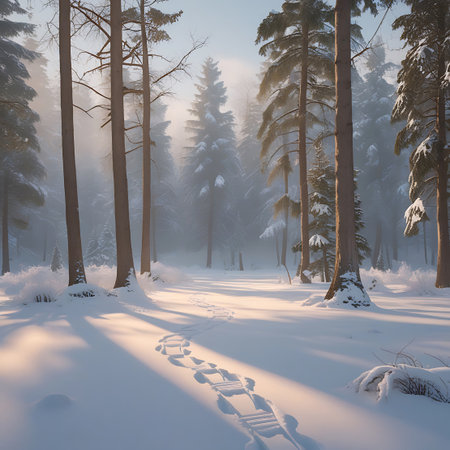 Footprints mark a path through a serene, misty winter forest. Tall evergreen trees are silhouetted against the soft light filtering through the fog. Sunlight streams through the trees, casting long shadows across the snow-covered ground, creating an ethereal atmosphere.の素材