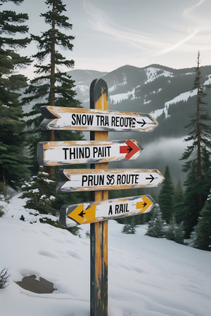 A weathered wooden signpost with directional arrows indicating "SNOW TRA ROUTE", "THIND PAIIT", "PRUN SS ROUTE", and "A RAIL". The signpost is situated in a snowy mountain forest with pine trees and snow-covered slopes visible in the background.の素材