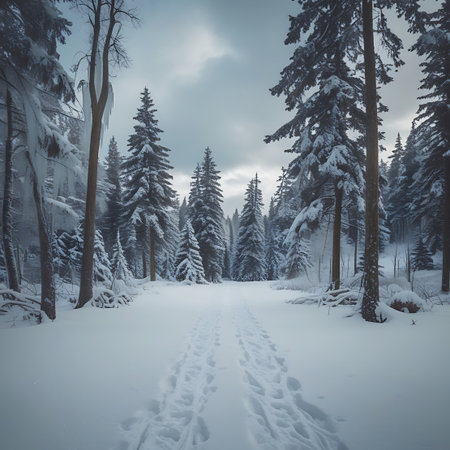 Footprints lead along a snowy path in a winter forest. Tall pine trees, heavy with snow, stand on either side of the trail. The sky is overcast with dark clouds, casting a moody and atmospheric light over the scene. Icicles hang from some branches, adding to the frozen feel.の素材