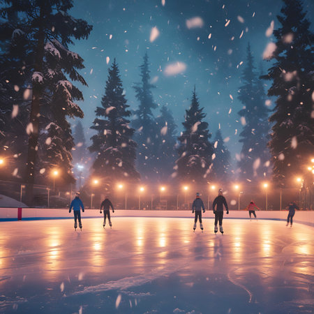A group of people are ice skating on an outdoor rink during a snowy evening. The sky is a deep blue, indicating dusk, and the rink is illuminated by numerous string lights and lampposts, creating a warm and inviting glow. Tall, snow-covered pine trees frame the scene, and snowflakes are visible falling through the air. The ice is smooth with some tracks from skaters, reflecting the surrounding lights.の素材