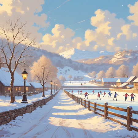 A charming winter village scene unfolds under a bright, cloudy sky with distant snowy mountains. A path lined with lampposts and stone walls leads towards a frozen pond where people of all ages are ice skating. Houses and cabins are covered in snow, and bare trees add to the picturesque landscape. The overall atmosphere is joyful and idyllic, depicting a lively winter recreation scene.の素材