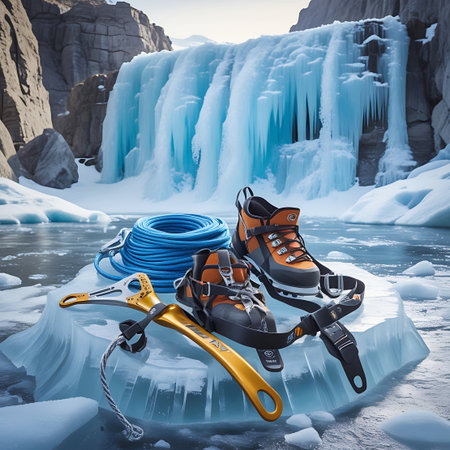 Essential ice climbing gear is displayed on a glistening icy surface. A bright gold ice axe with a rope is positioned next to a pair of rugged orange and grey climbing boots. A coiled blue rope lies nearby. The backdrop features a stunning frozen waterfall with icicles hanging from a rocky cliff, set against a winter landscape.の素材