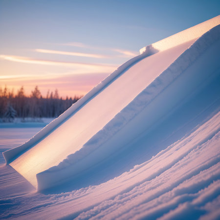 A close-up view of a smooth snow drift with subtle ripples, illuminated by the warm, soft glow of a sunset. The sky above transitions from pale blue to soft pink and orange hues, with wispy clouds. A dark line of trees forming a forest horizon is visible in the distance, under the vast winter sky.の素材