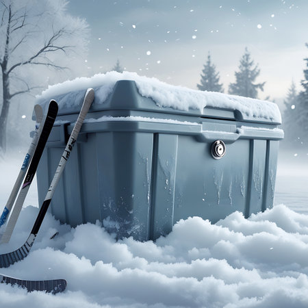 A gray, heavy-duty cooler box sits partially buried in snow, with two hockey sticks leaning against its side. The scene is set in a winter landscape with snow-covered trees in the background and falling snowflakes. The cooler has a lock and appears to be designed for outdoor use in cold conditions.の素材