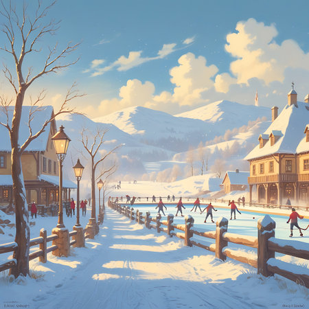 A picturesque winter village scene unfolds under a bright blue sky with fluffy clouds. Snow blankets the ground, and a wooden fence lines a path leading to a frozen pond where people are actively engaged in playing ice hockey and skating. Traditional houses with snow-covered roofs and warm lampposts line the village street, while snow-capped mountains form a majestic backdrop. Bare trees add to the winter ambiance.の素材