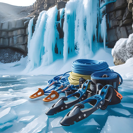 Several pairs of black ice climbing crampons with orange accents are laid out on a frozen surface. Coiled ropes in blue and yellow are arranged behind them. The background shows a large, impressive frozen waterfall with icicles, set against a rocky cliff and a snowy, icy environment.の素材