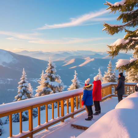 A group of four people stand on a snow-laden wooden balcony, their backs to the viewer, as they take in a stunning view of a majestic, snow-covered mountain range under a clear blue sky. Sunlight illuminates the peaks and valleys, creating a dramatic landscape. Snow-dusted pine trees are scattered throughout the scene, adding to the winter ambiance.の素材