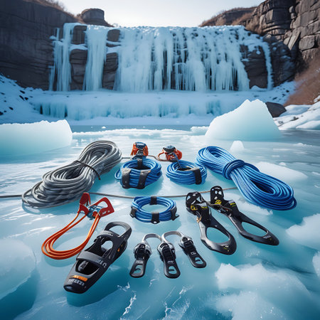 A collection of ice climbing equipment is artfully arranged on a frozen surface. Included are coiled ropes in blue and grey, several carabiners, orange and black crampons, and black climbing harnesses. In the background, a dramatic frozen waterfall cascades down a rocky cliff face, with icy formations and a frozen body of water in the foreground.の素材