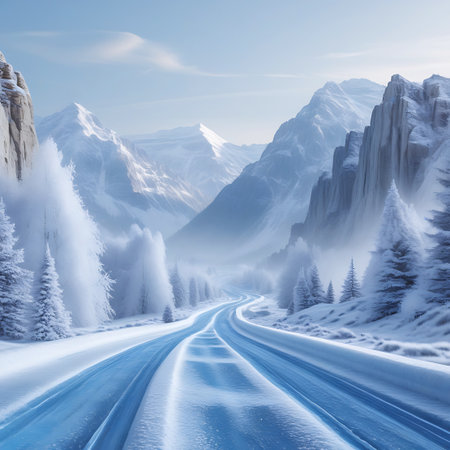 A dramatic winter scene unfolds with a winding blue ice road leading through a valley flanked by immense, snow-covered mountains and sheer cliffs. Frosted trees dot the landscape. The sky is a soft blue with subtle clouds, and a sense of vastness and cold pervades the image.の素材