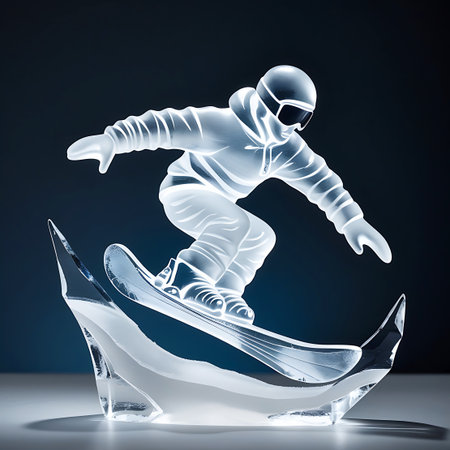 A translucent glass sculpture depicts a snowboarder in mid-action, poised on a snowboard. The figure and board are rendered in clear, frosted glass, creating a sense of movement and dynamism. The sculpture is mounted on an abstract base resembling shards of ice, also made of glass. The overall effect is elegant and captures the spirit of winter sports.の素材