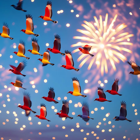 A multitude of colorful birds, in shades of red, yellow, orange, and purple, are depicted in flight against a twilight sky. A large, bright fireworks burst illuminates the scene from the right, and numerous out-of-focus glowing lights, resembling bokeh, are scattered across the sky. The birds are arranged in a loose formation, conveying a sense of collective movement and celebration.の素材