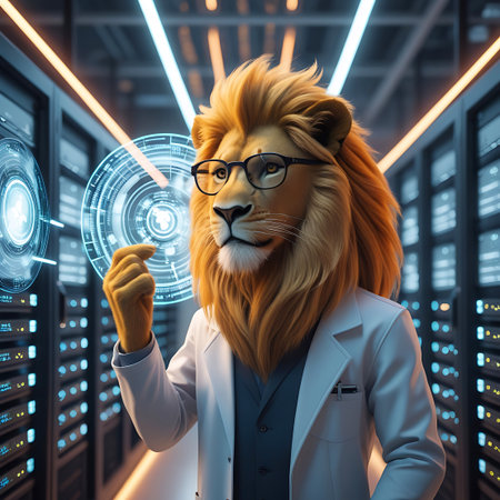 An anthropomorphic lion wearing glasses and a white lab coat stands in a server room filled with glowing blue lights and racks of equipment. The lion is interacting with a complex, futuristic holographic interface that displays circular data visualizations. The scene conveys a sense of advanced technology, scientific research, and data analysis.の素材