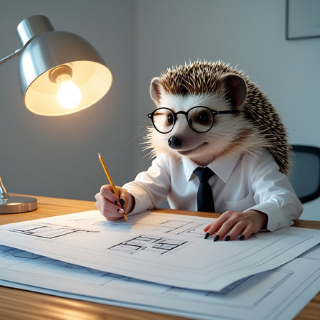 An anthropomorphic hedgehog, dressed in a white shirt and black tie, wears round glasses and is focused on drawing on a blueprint spread across a wooden desk. A desk lamp illuminates the scene, casting a warm light on the hedgehog's work and the detailed architectural plans.の素材