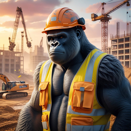 A powerful, anthropomorphic gorilla wearing an orange hard hat and a yellow and orange safety vest stands at a construction site. In the background, cranes and unfinished buildings are visible against a warm sunset sky. An excavator is also present on the dusty ground. The gorilla has a serious expression and appears muscular.の素材