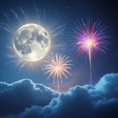 A bright full moon is positioned in the night sky, illuminated by a spectacular fireworks display. Dark, voluminous clouds fill the lower portion of the image, providing a dramatic contrast to the celestial lights. The scene is filled with energy and festivity.の素材