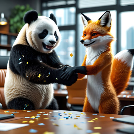 An anthropomorphic panda and a fox are shaking hands across a wooden table in a modern office setting. Confetti is falling around them, suggesting a celebration or successful agreement. The panda and fox appear friendly and engaged in a positive interaction. The background shows office furniture and large windows with a city view.の素材
