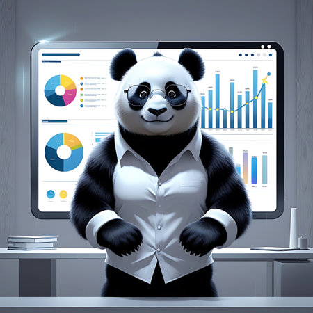 An anthropomorphic panda wearing glasses and a white shirt is positioned in front of a large screen displaying complex data visualizations. The screen features multiple bar charts, a line graph with an upward trend, and pie charts. The panda has a confident and engaging expression. The office setting includes a desk with books and a small plant.の素材