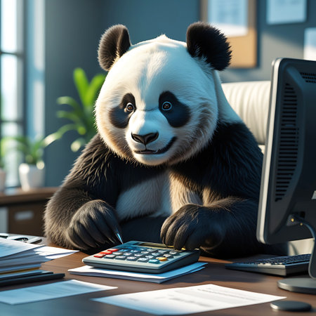 A panda bear sits at an office desk, holding a pen in its paw and looking at a calculator. Papers and a computer monitor are on the desk, suggesting a work environment. The panda has a thoughtful expression as it interacts with the calculator and pen. The scene is lit by natural light coming from a window, creating a soft ambiance.の素材