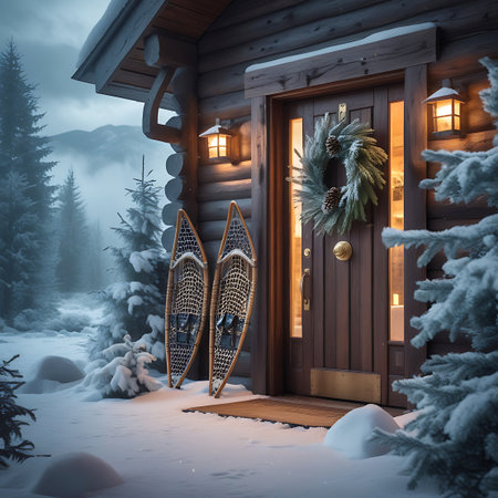 A pair of dark, woven snowshoes are leaning against the wooden wall of a rustic log cabin. The cabin has a wooden door adorned with a green wreath and pinecones. Warm light emanates from lanterns on the cabin and from the windows. The scene is set in a snowy winter landscape with snow-covered evergreen trees and misty mountains in the background, suggesting a peaceful, secluded retreat.の素材