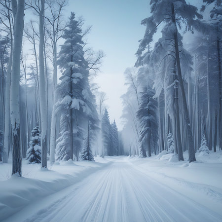 A straight, narrow road covered in thick snow winds through a dense forest of tall, slender trees, many of which are bare deciduous trees with white bark. The evergreens are heavily laden with snow. The scene is bathed in a soft, pale light, with a hazy, light blue sky. The snow on the road shows faint tracks, suggesting it has been traveled.の素材