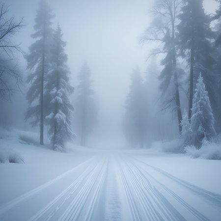A dense fog blankets a snowy forest with a clear path marked by ski tracks leading into the distance. Tall, snow-laden pine trees and bare deciduous trees line the path, their branches frosted with ice. The ground is covered in deep snow, creating a serene and quiet winter landscape. The atmosphere is cold and tranquil, with limited visibility due to the thick mist.の素材