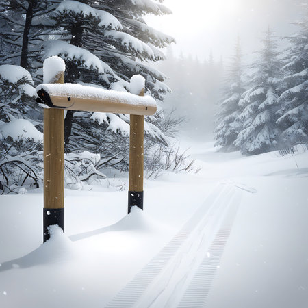 A serene winter scene depicts a snow-covered forest with tall pine trees laden with snow. A wooden archway stands at the entrance to a path marked with fresh ski tracks, leading into the misty, sunlit depths of the forest. Snowflakes gently fall, adding to the tranquil atmosphere of this cold, frosty landscape.の素材