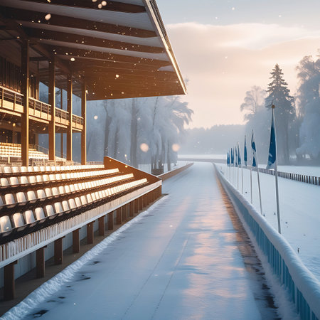 A snow-covered racetrack stretches into the distance, lined with blue flags and a white railing. To the side, a stadium grandstand with empty seats is visible, partially covered in snow. The wooden structure of the stadium is illuminated by the bright, hazy winter sunlight. Trees frosted with snow frame the scene.の素材