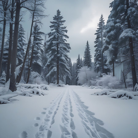 A wide, snow-covered road with visible tire tracks stretches into a dense winter forest. Tall evergreen trees, heavily laden with snow, line both sides of the road. The sky is overcast with a bright spot indicating the sun. Ice formations are visible on some branches.の素材