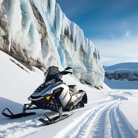 A silver snowmobile is positioned on a winding snowy path, with a striking wall of ice formations and cliffs in the background. The vehicle's tracks are clearly visible in the snow, leading towards the vast, icy landscape under a bright blue sky. This image captures the essence of adventure in a frozen environment.の素材