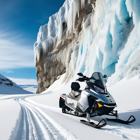 A white and silver snowmobile is parked on a snow-covered track. The track winds through a snowy landscape with a dramatic cliff face covered in icicles and ice formations to the right. The sky is a clear blue with some wispy clouds. The scene evokes a sense of adventure and exploration in a cold, frozen environment.の素材
