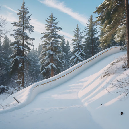 A gentle slope covered in snow leads through a winter forest. Tall pine trees laden with snow line the sides of the path. The ground is a blanket of white, with footprints visible in places. Sunlight casts shadows across the snow, highlighting the contours of the landscape. The sky is a bright blue with scattered white clouds.の素材