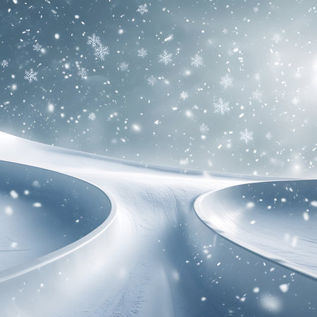 A futuristic snowboard ramp with multiple smooth curves is depicted during a snowfall. The white surfaces of the ramp are dusted with snow, and snowflakes are falling against a soft, bright sky. The scene evokes a sense of winter sport and dynamic movement.の素材