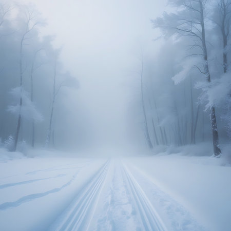 A straight road covered in snow leads through a dense forest shrouded in heavy fog. Tire tracks are visible on the snow-covered surface, suggesting recent passage. The trees on either side are bare or frosted, their forms softened by the thick mist.の素材