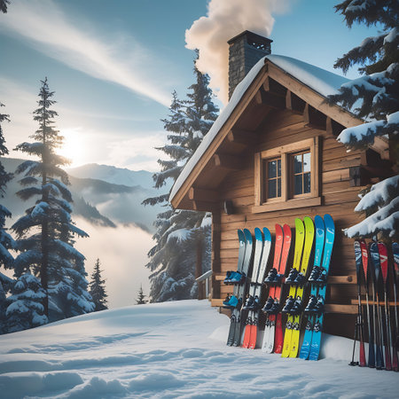 A cozy wooden cabin is situated in a snow-covered mountainous area. A collection of brightly colored skis and ski boots are arranged in a row against the front of the cabin. Tall, snow-dusted pine trees frame the scene, and a hazy, cloud-filled mountain range stretches into the distance. Smoke is visible from the chimney, indicating a warm interior.の素材