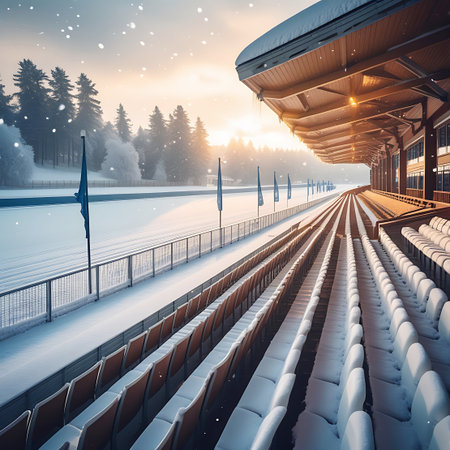 An empty grandstand at a race track is covered in snow. The sun is setting, casting a warm golden light across the scene. Trees line the background, and snow falls gently. The seats are empty, suggesting a quiet winter day at a venue usually filled with spectators.の素材