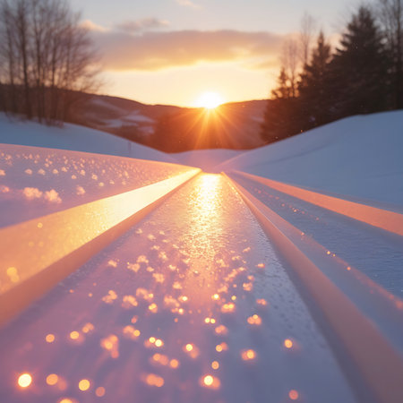 A perspective view of groomed snow tracks, likely for cross-country skiing, reflecting the bright, golden light of a setting sun. The surface is adorned with numerous bokeh sparkles, creating a luminous and magical effect. The background shows a winter landscape with trees and a warm sunset sky.の素材