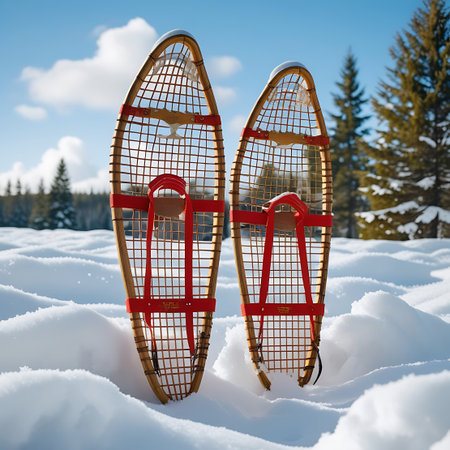 A pair of traditional wooden snowshoes with intricate weaving and bright red fabric bindings are standing upright in deep snow. The snowshoes are partially covered in snow. The background shows a bright, sunny winter day with a clear blue sky dotted with fluffy white clouds, and a line of evergreen trees in the distance.の素材