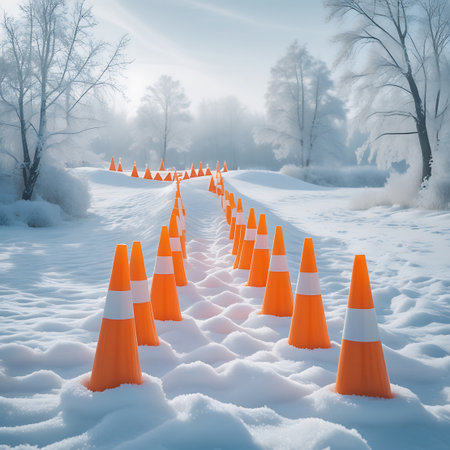 A winding path through a snowy landscape is marked by a continuous line of orange and white traffic cones. The surrounding trees are bare and covered in frost, with a soft, hazy light filtering through. The cones create a clear visual guide along the snow-covered trail, suggesting a designated route.の素材