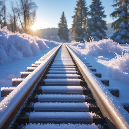 Straight train tracks stretch into the distance through a snowy landscape. The sun shines brightly, illuminating the snow-covered ground and trees. The scene conveys a sense of journey and solitude in a cold, beautiful winter setting.の素材
