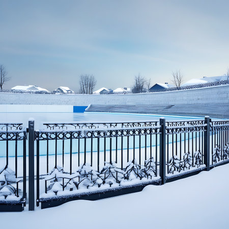 A wide view of an outdoor ice rink during winter. The ice is a striking blue, with a light dusting of snow. A decorative metal fence, also covered in snow, runs along the foreground. In the background, tiered seating is visible, along with distant buildings and bare trees under a pale, overcast sky.の素材